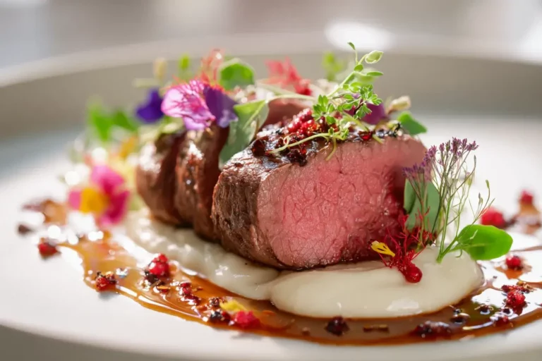 Beef tenderloin with rose-pepper jus plated on silky potato cream