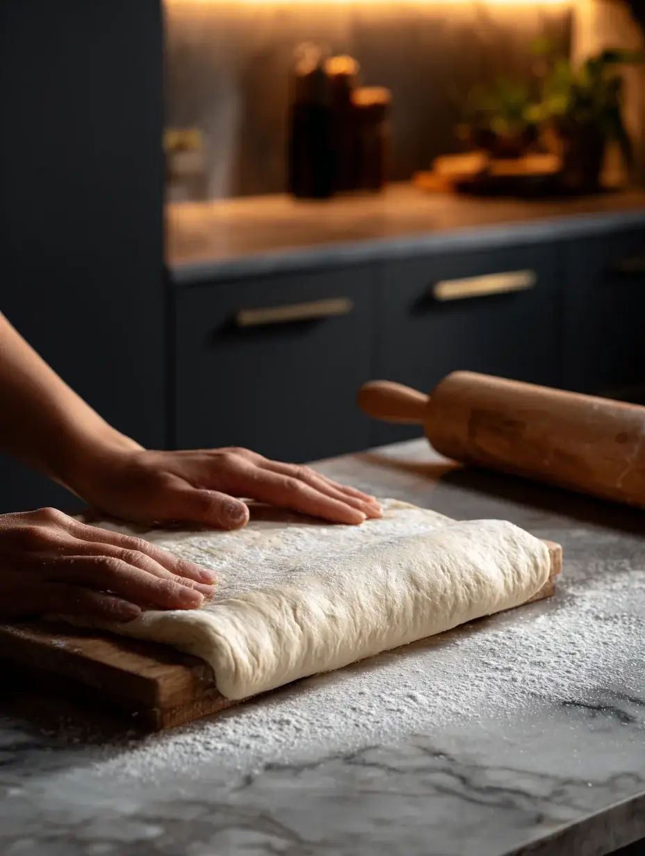 Rolling brioche dough on floured marble countertop
