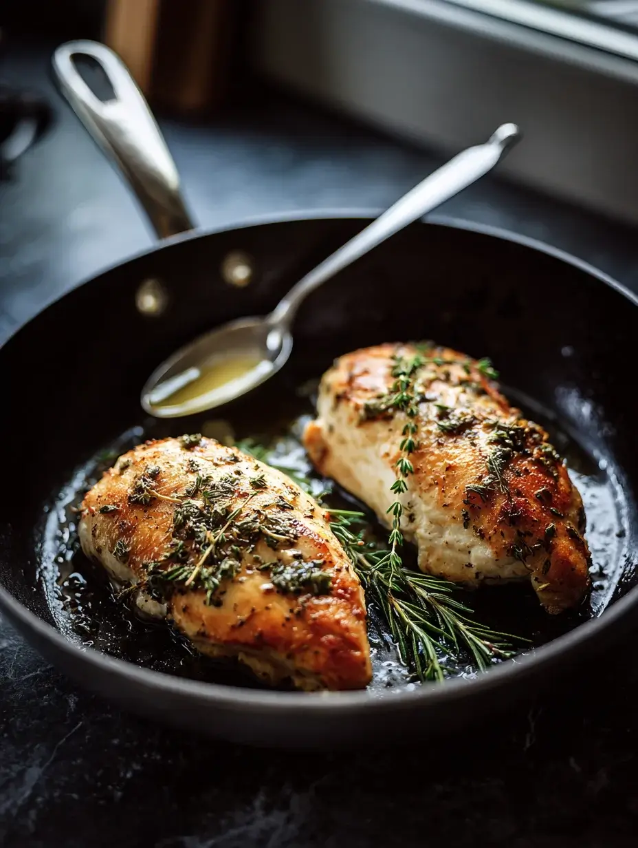Grilled chicken breasts searing in a cast iron pan with rosemary and thyme, butter being spooned over the top.