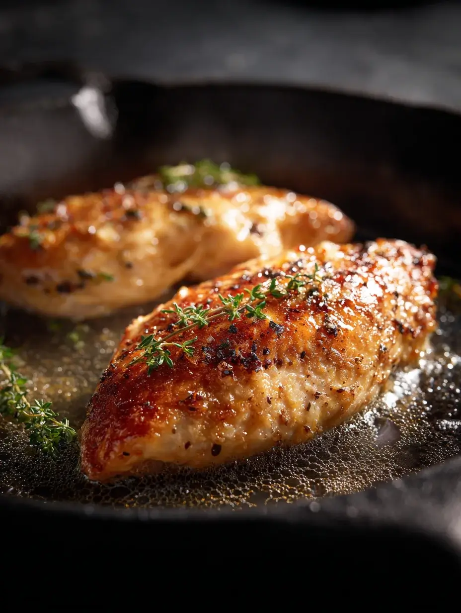 Chicken breasts searing skin side down in cast iron skillet