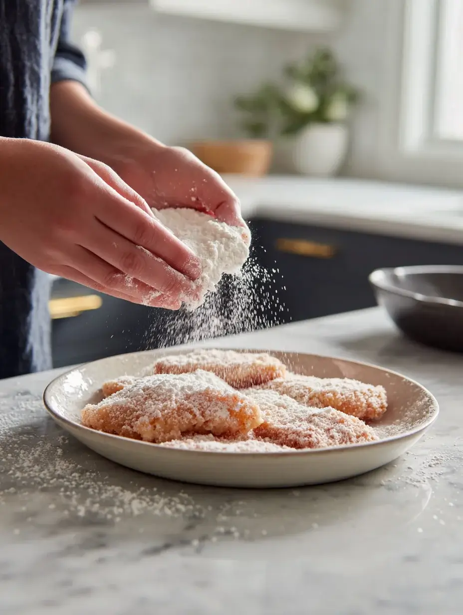 Dredging chicken cutlets in flour for Chicken Piccata
