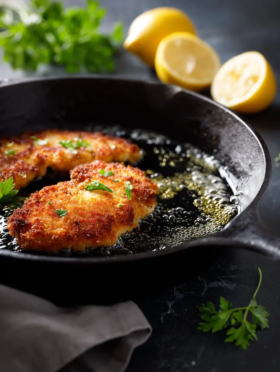 Chicken cutlets searing in skillet for Chicken Piccata