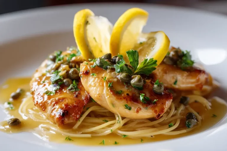 Chicken Piccata with lemon butter sauce over spaghetti