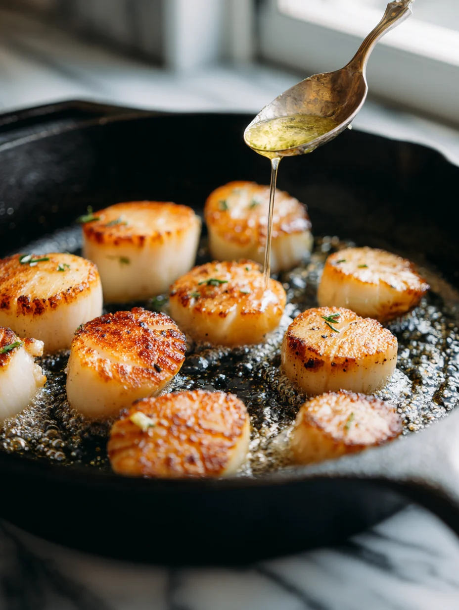 Scallops searing in cast iron skillet with butter being spooned over