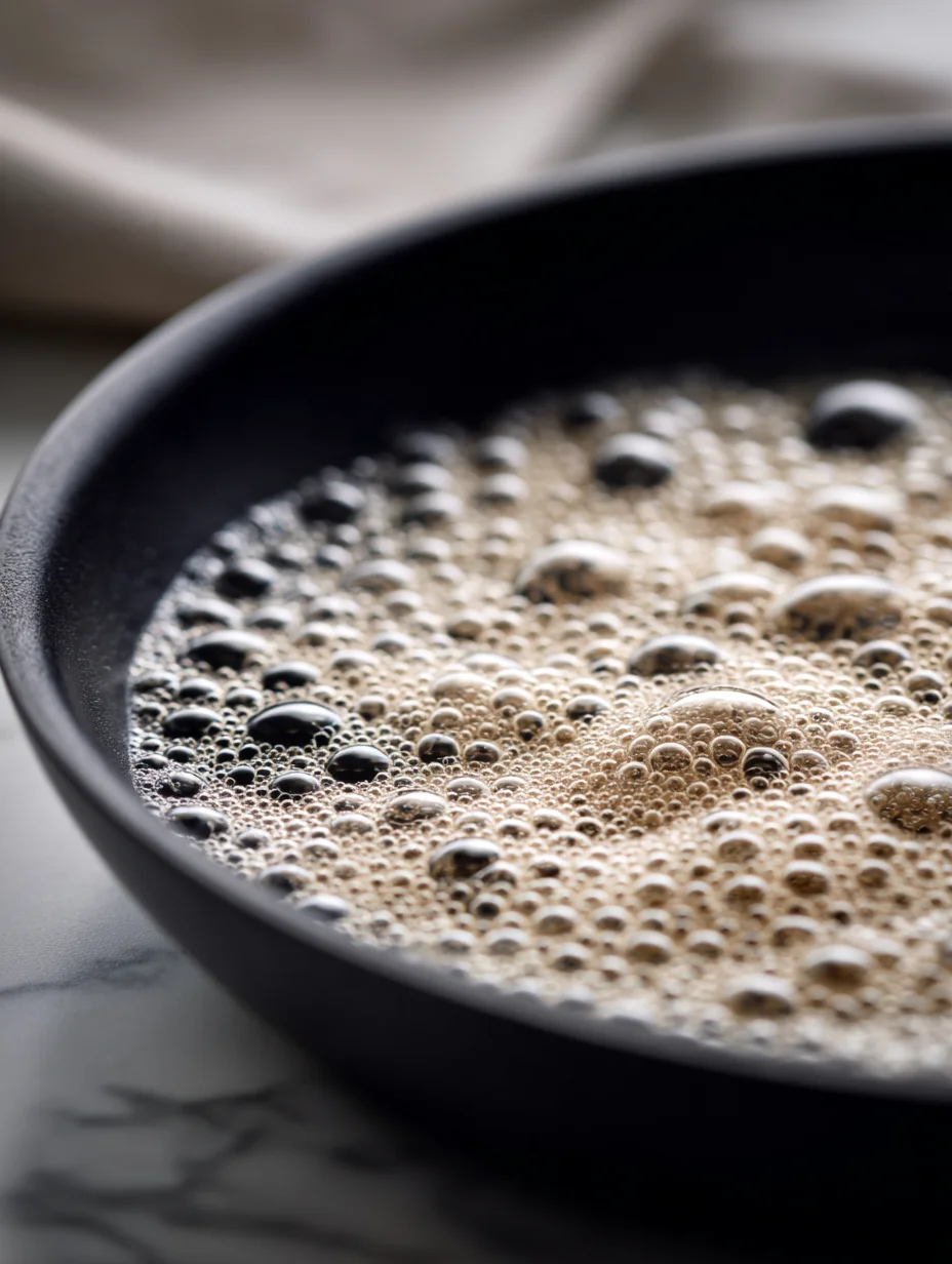 Coral tuile batter bubbling in skillet forming lace texture