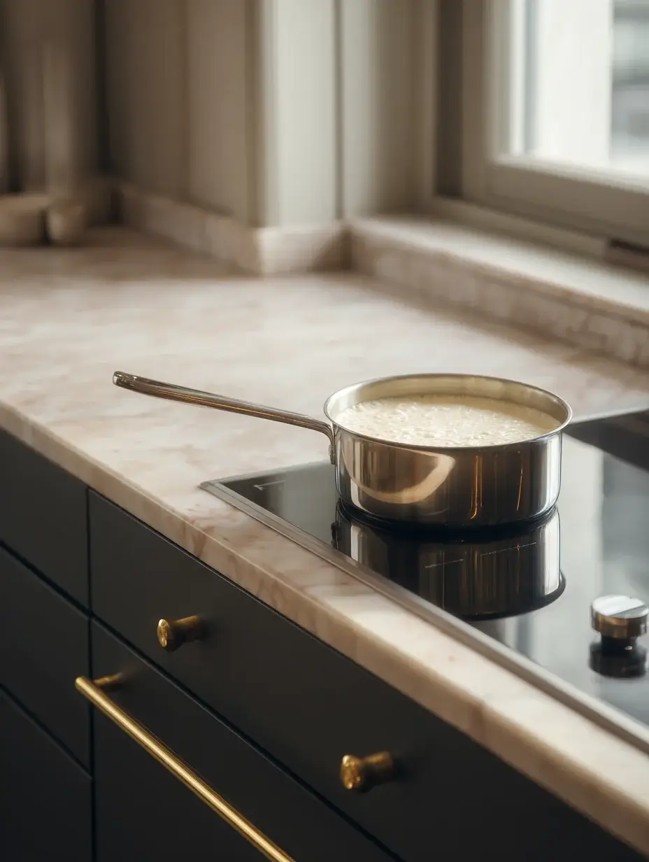 Cream and milk mixture gently heating in saucepan on modern stovetop
