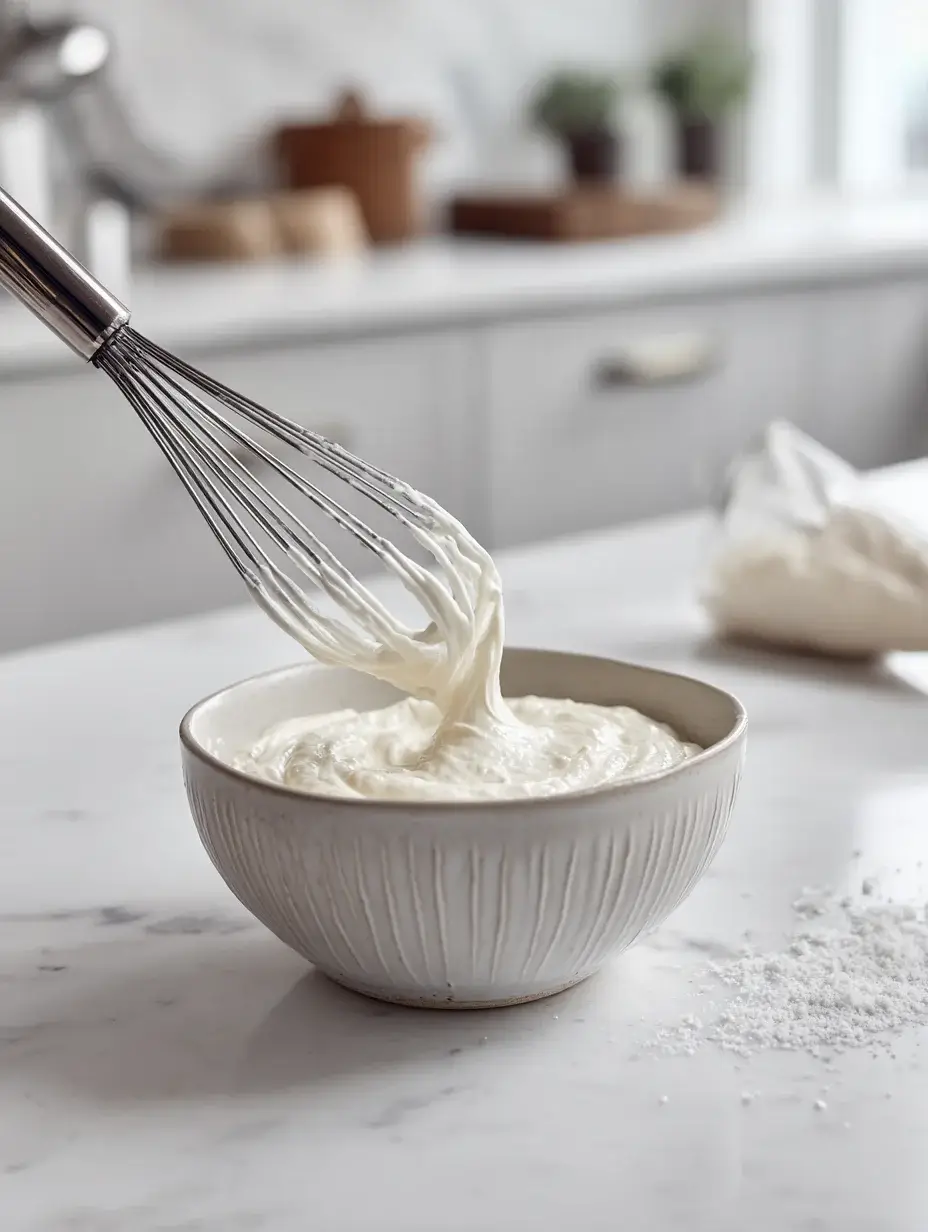 Horseradish cream being whisked with crème fraîche for beetroot sorbet