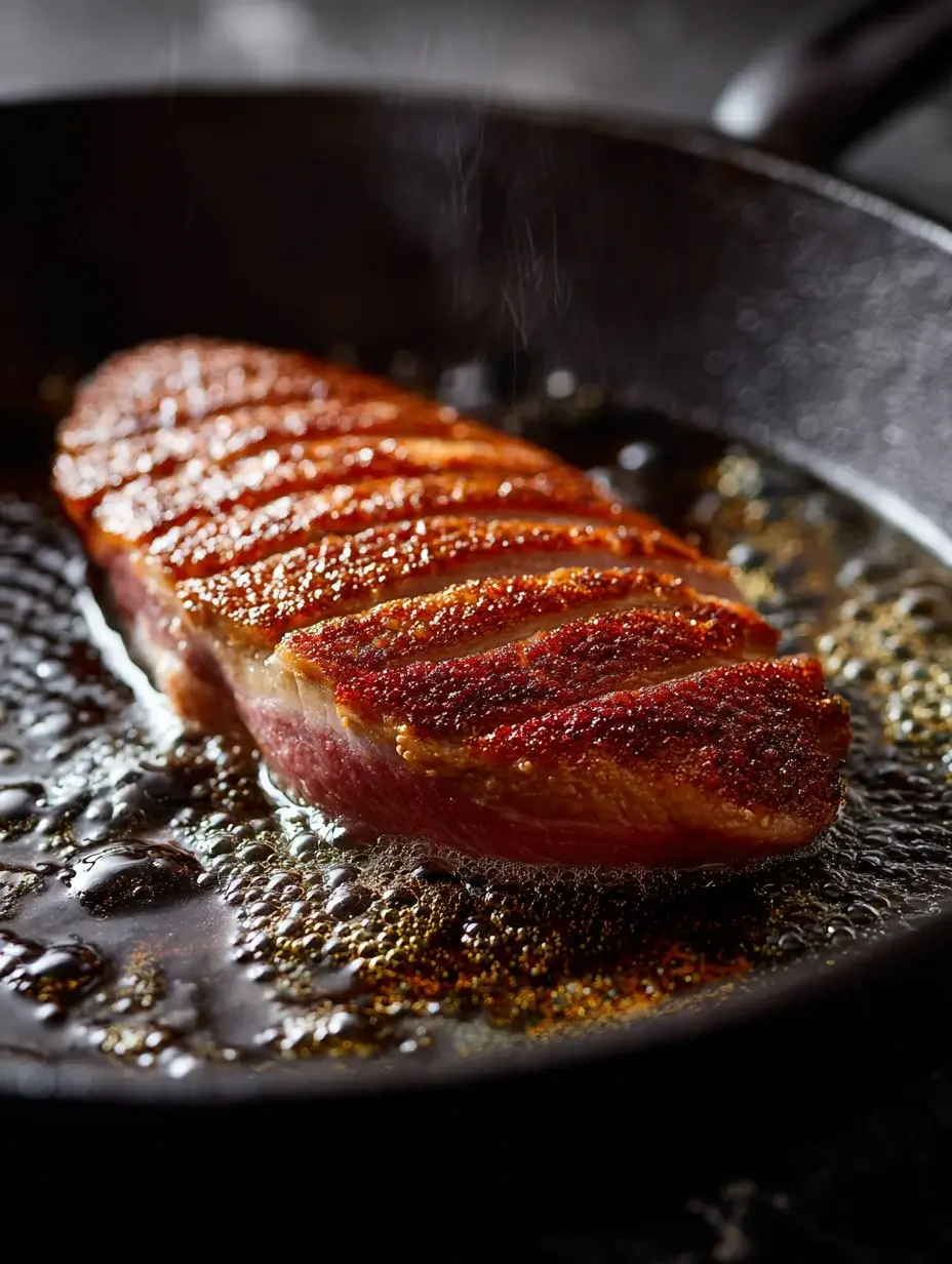 Duck breast cooking skin-side down in a hot skillet until the skin turns golden and crisp