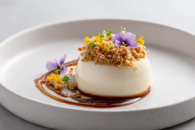 Caramel panna cotta with toasted almond crumble on a modern plate