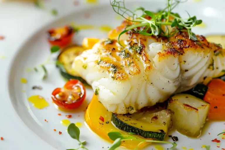 Baked cod with lemon herb sauce and roasted vegetables