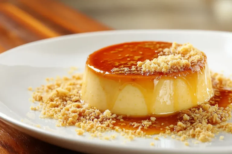 Honey flan with glossy caramel and almond crumble on white plate