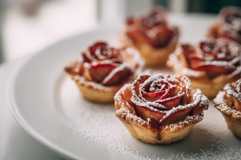 Rose-shaped apple tartlets dusted with powdered sugar on a white plate
