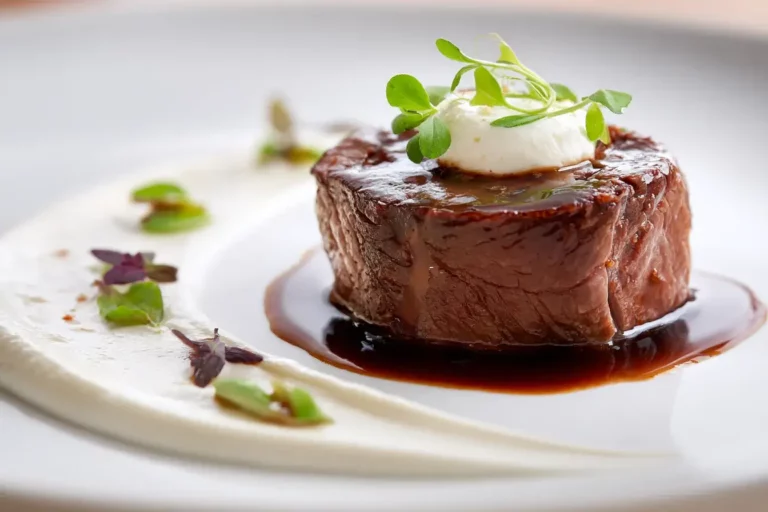 Beef tenderloin medallion topped with truffle mascarpone, served with silky potato purée and glossy jus on a white plate