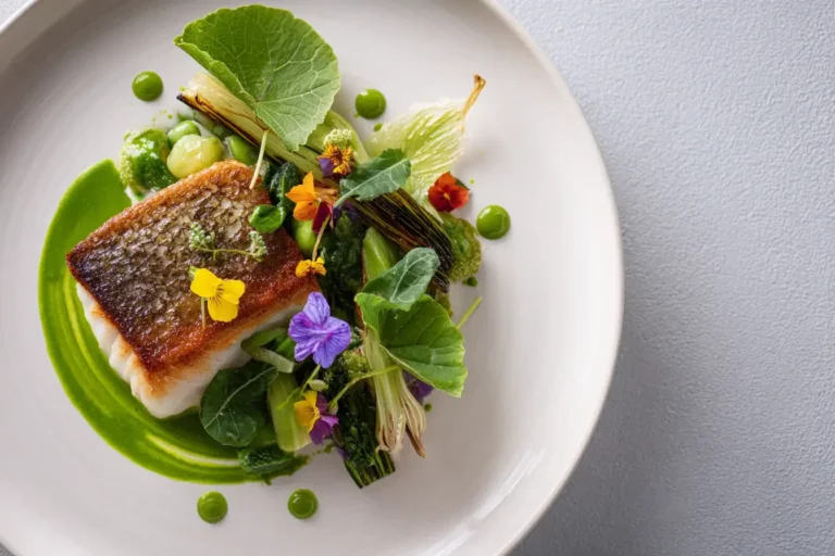 Crispy-skinned white fish served with charred leek, garden greens, and vibrant green herb purée on a white plate