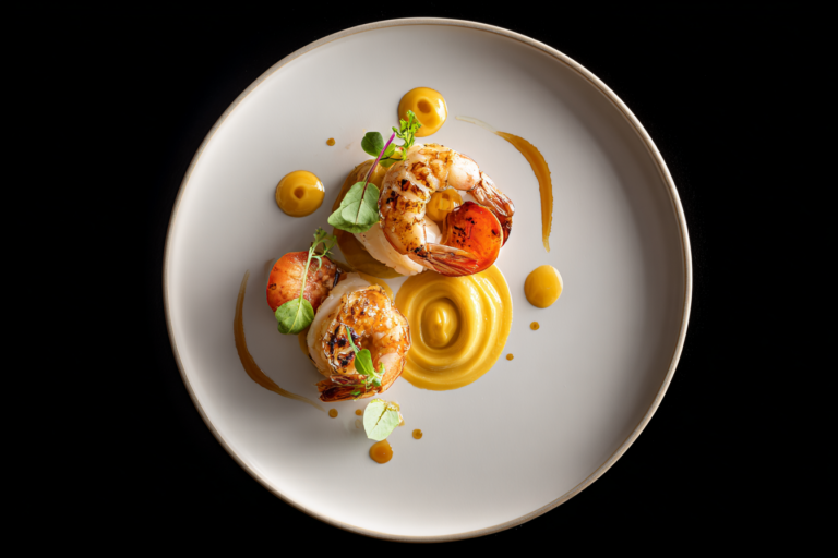 Shrimp and lobster duo plated with sweet corn cream and soft spice glaze on a modern ceramic plate