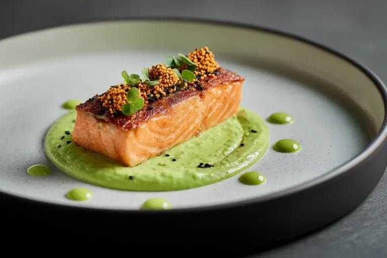 Salmon pavé served on avocado velvet with sesame crunch and herb oil
