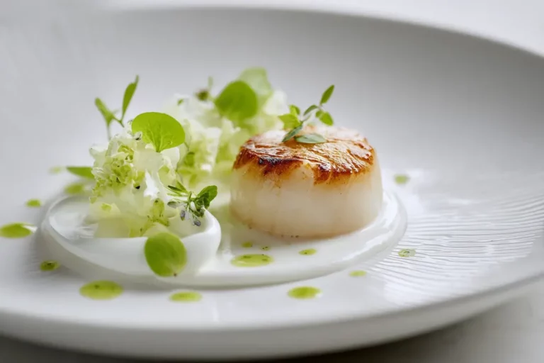 Silk Embrace seared scallop served on smooth cauliflower purée with delicate green herbs on a white plate