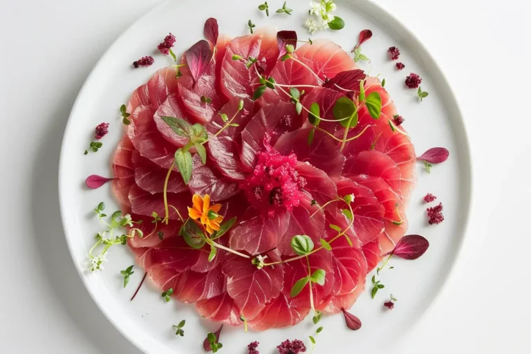 Tuna Petal Carpaccio arranged in delicate floral slices with beet essence, microgreens, and edible flowers on a white plate