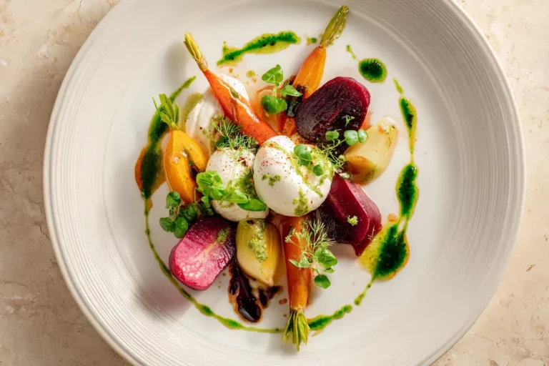 Creamy burrata plate with roasted root vegetables and fresh herb drizzle