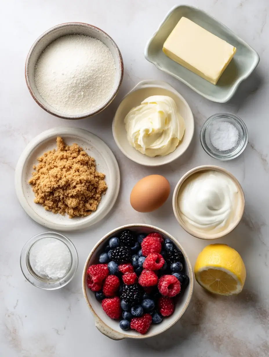 Ingredients for mini baked cheesecake arranged in bowls and plates on a white marble surface