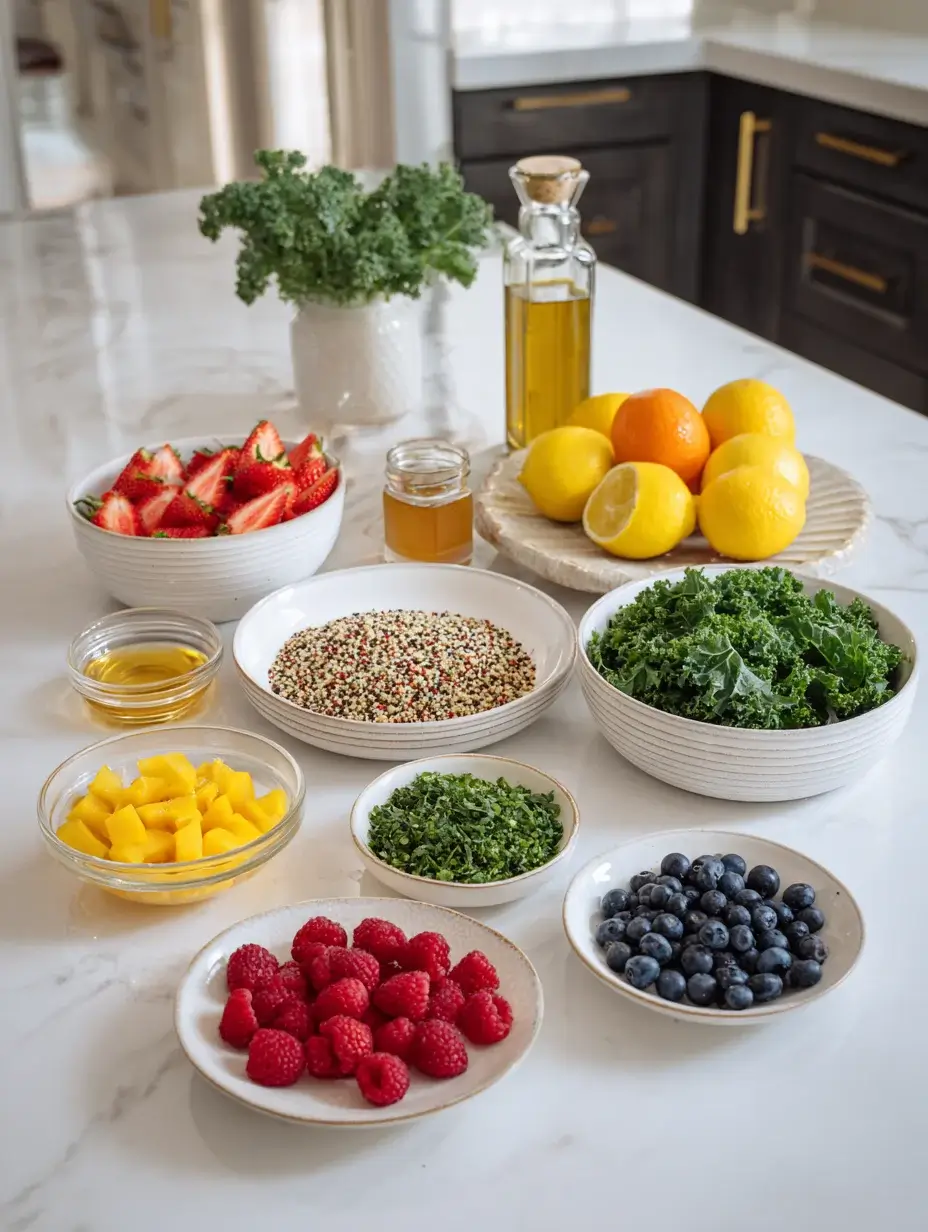 Ingredients for quinoa salad arranged in bowls on marble countertop