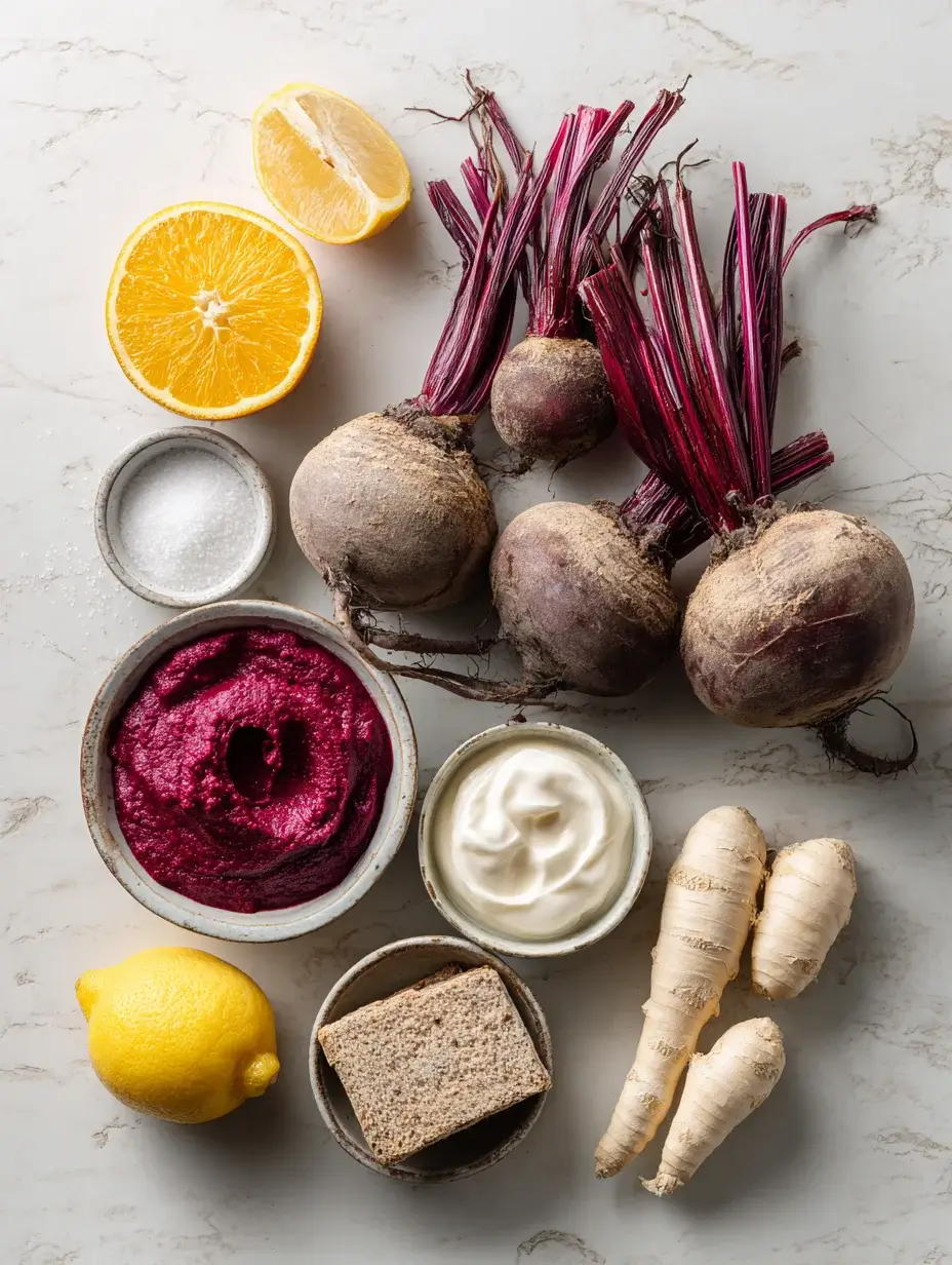 Ingredients for beetroot sorbet including fresh beets, citrus, horseradish, rye bread, and cream