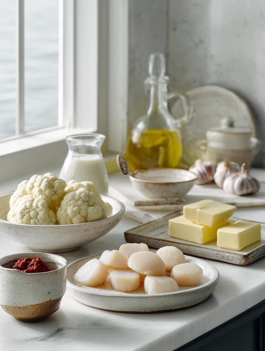 Fresh scallops, cauliflower, garlic, butter, and cream arranged on marble countertop