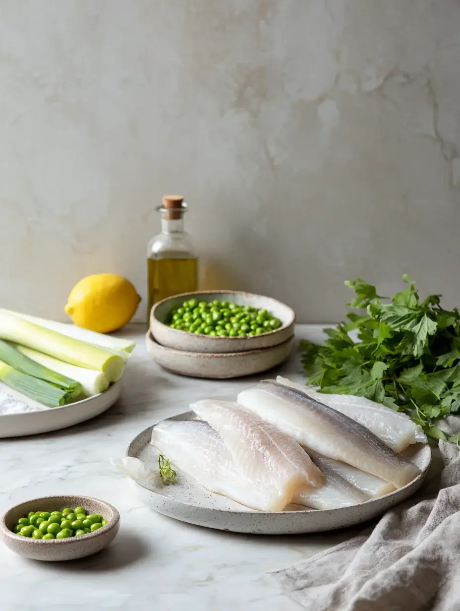 Fresh raw white fish fillets with skin on, leeks, green peas, herbs, lemon, and olive oil arranged in plates and bowls
