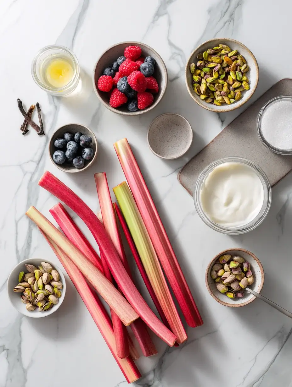 Ingredients for poached rhubarb with vanilla cream and pistachio crumble