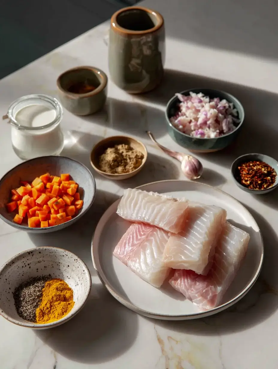 Fresh sea bass fillets and ingredients arranged in bowls on marble countertop