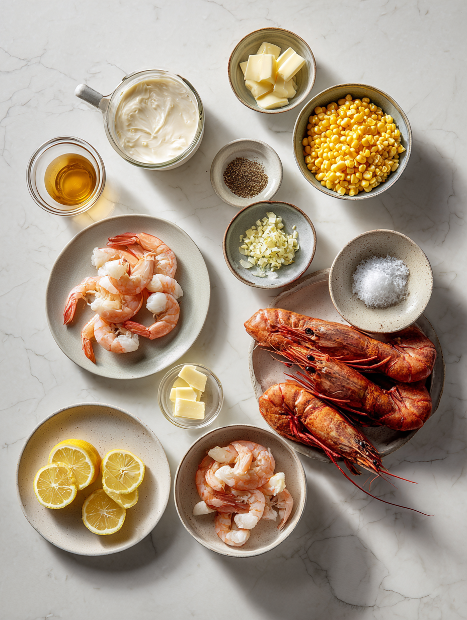 Ingredients for shrimp and lobster duo including shrimp, lobster, sweet corn, cream, lemon, butter, and spices arranged in bowls