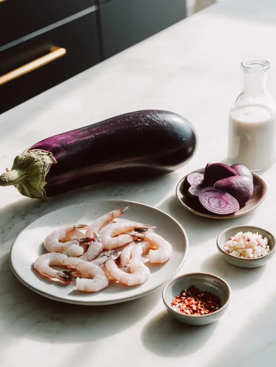 Fresh eggplant, raw shrimp, beetroot, and coconut milk on marble countertop