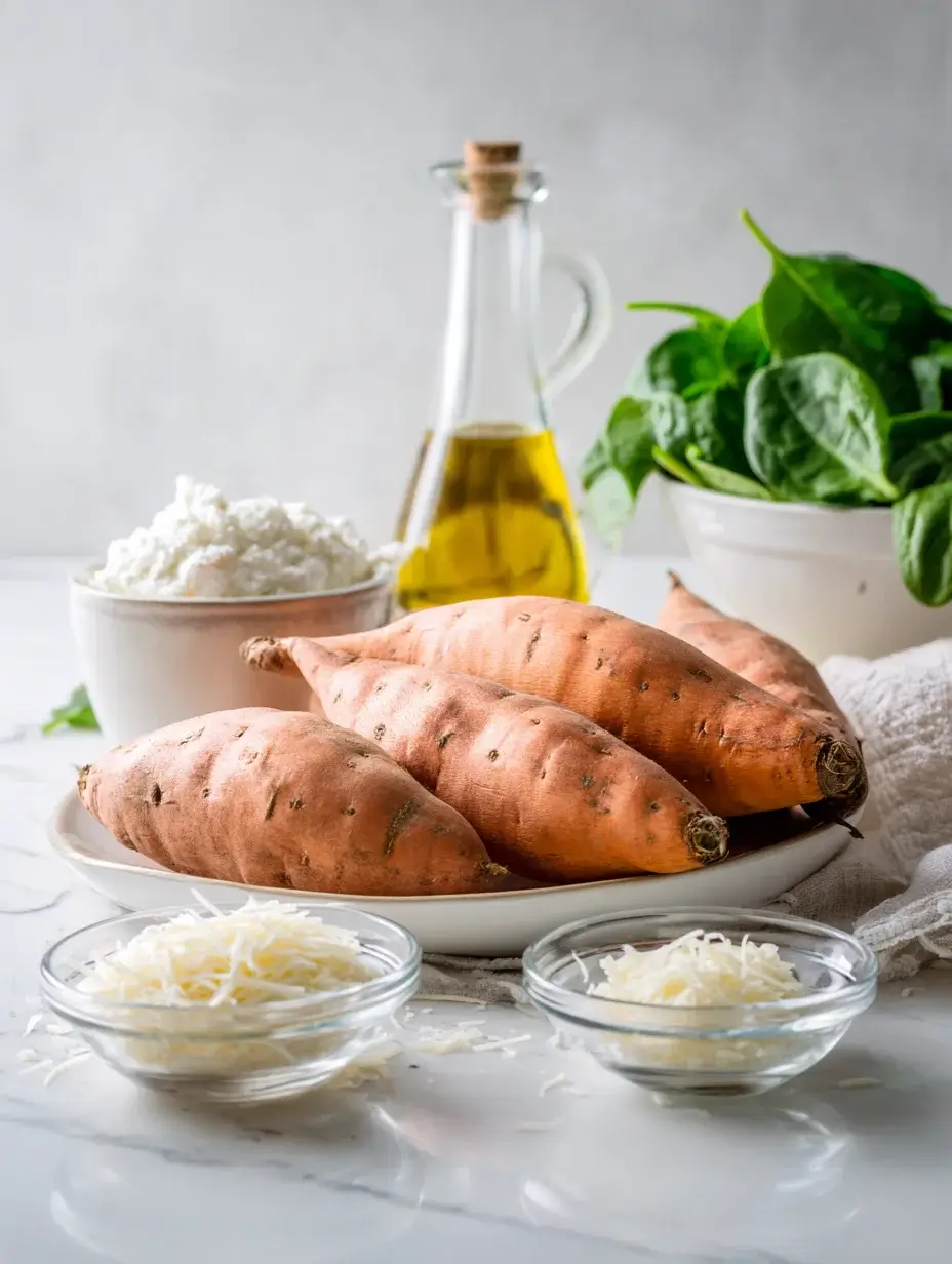 Sweet potato lasagna ingredients with sweet potatoes, ricotta, spinach, and cheese