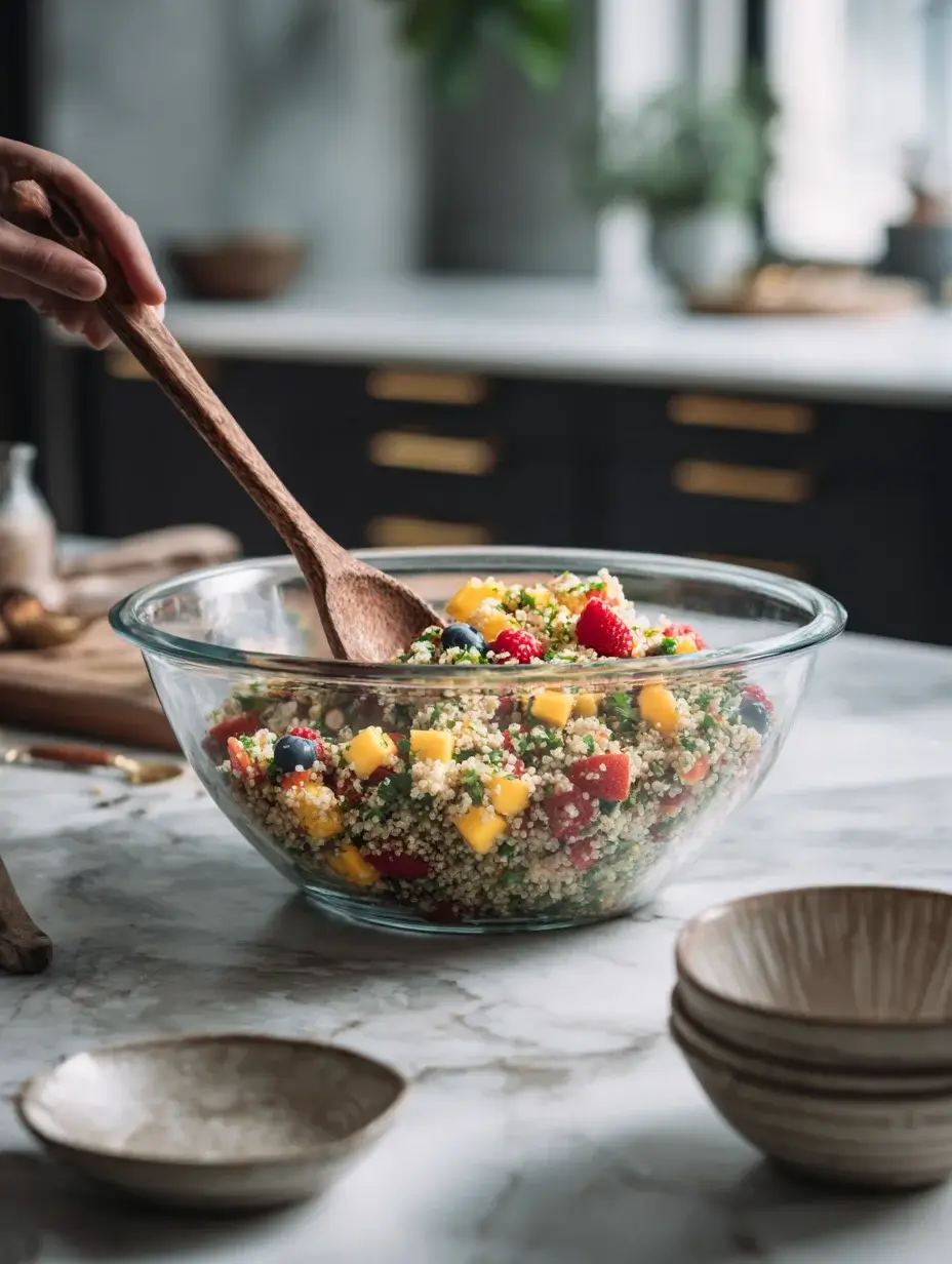 Mixing quinoa salad with fresh berries and mango in glass bowl