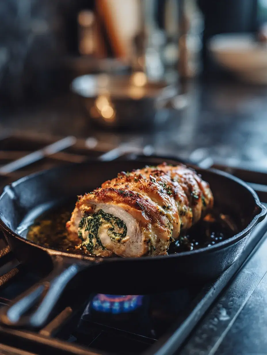 Chicken rolls searing in cast iron skillet