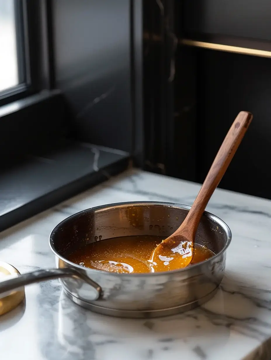 Golden caramel in stainless steel pan on marble countertop