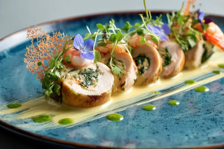 Golden Chicken Roll Stuffed with Spinach topped with shrimp and saffron cream sauce on a white plate