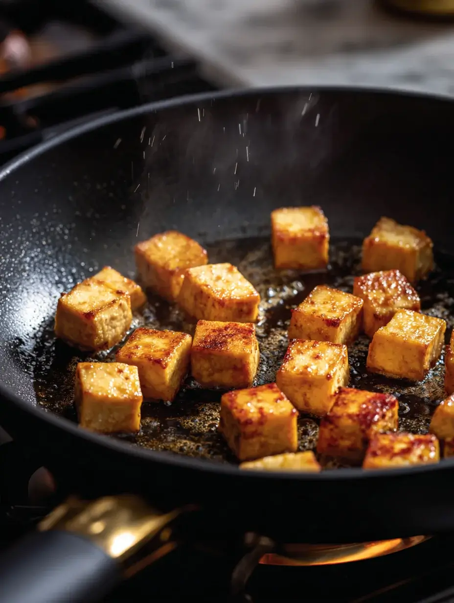 Golden crispy tofu cubes sizzling in a skillet for chilled sesame soba noodles