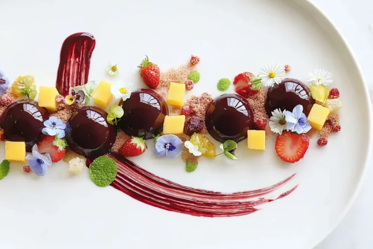 Chocolate domes with glossy ganache, berry coulis brushstroke, mango cubes, and edible flowers on a white plate