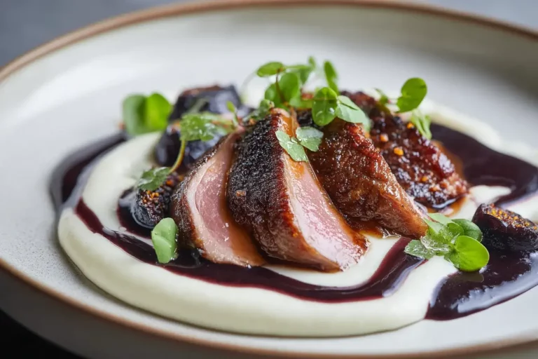Sliced duck breast with crisp skin served on parsnip cream and finished with glossy fig jus