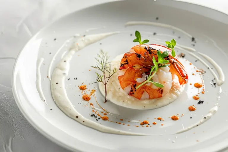 Langoustine medallion with vanilla cauliflower silk and citrus drizzle