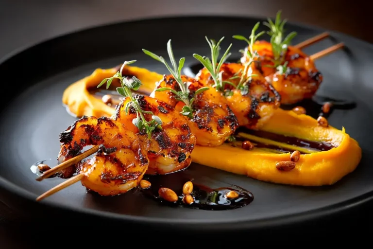 Charred shrimp skewers served over creamy butternut purée with pine nuts and thyme