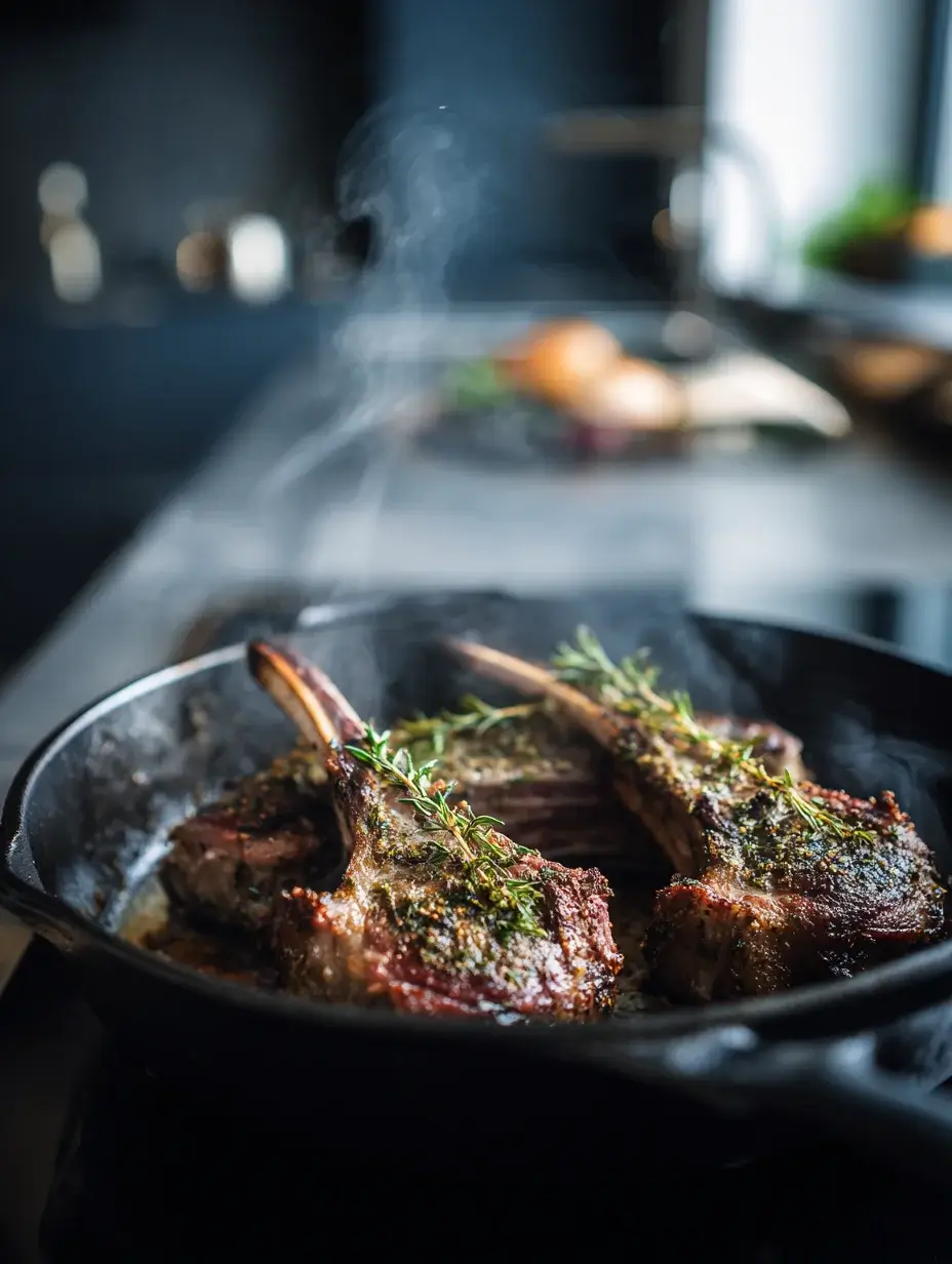Searing herb-crusted lamb chop in skillet