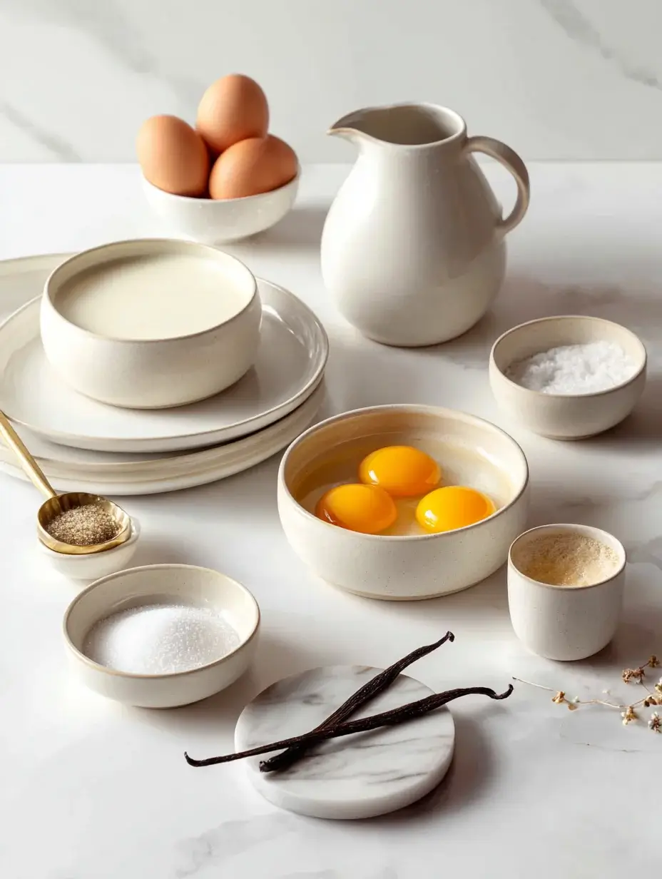 Crème brûlée ingredients arranged in ceramic bowls on marble surface