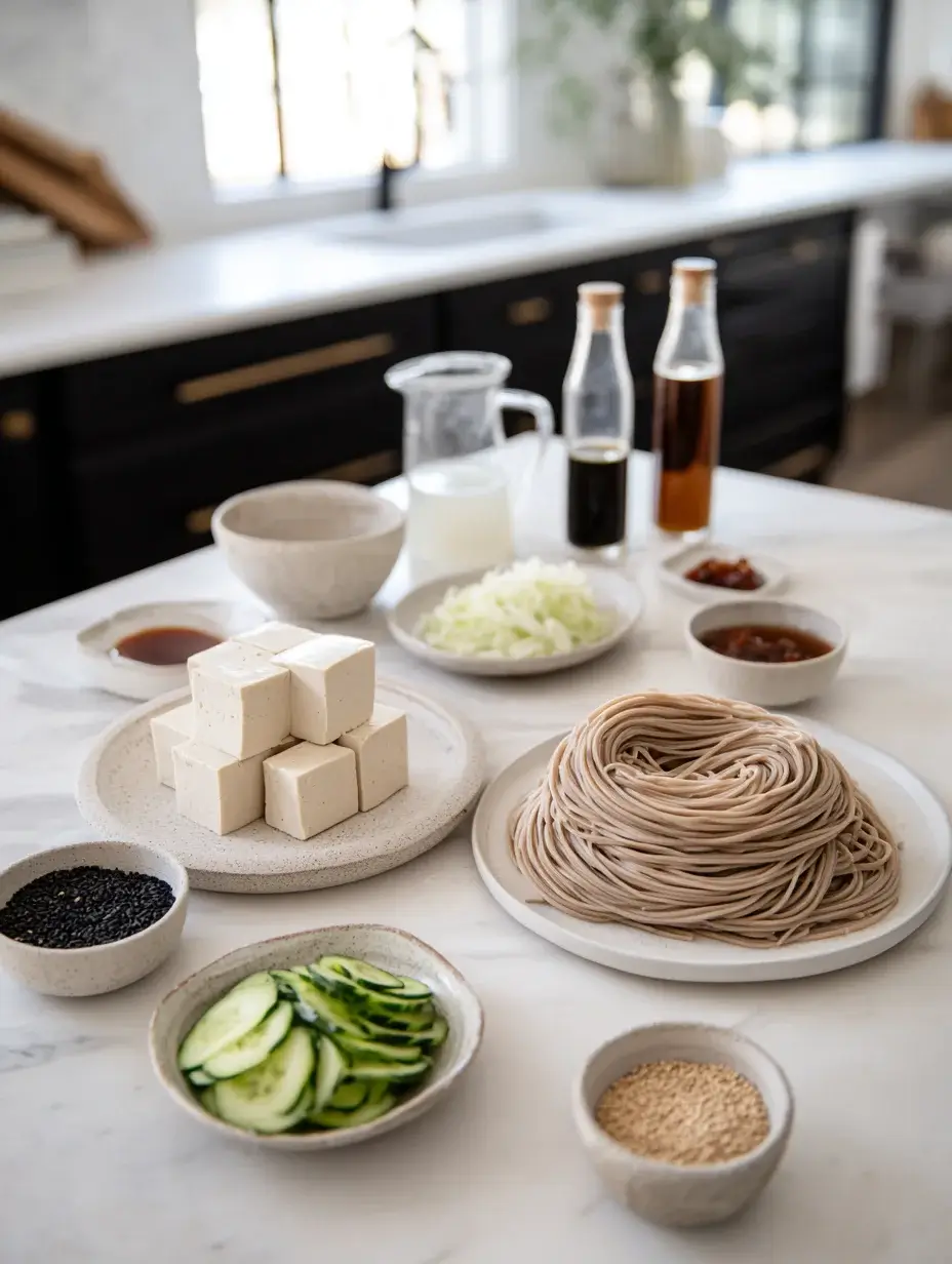 Ingredients for chilled sesame soba noodles arranged in ceramic plates and bowls on marble countertop