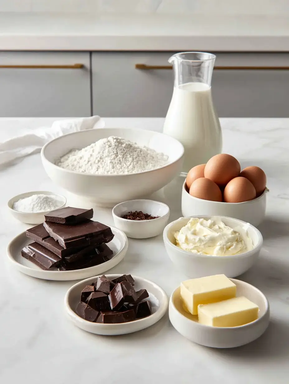 Chocolate brioche ingredients arranged in bowls on marble countertop