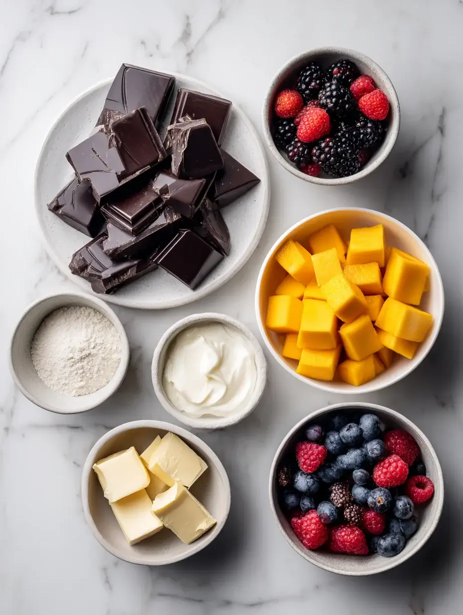 Ingredients for chocolate domes including dark chocolate, mixed berries, mango cubes, cream, butter, and sugar on marble surface