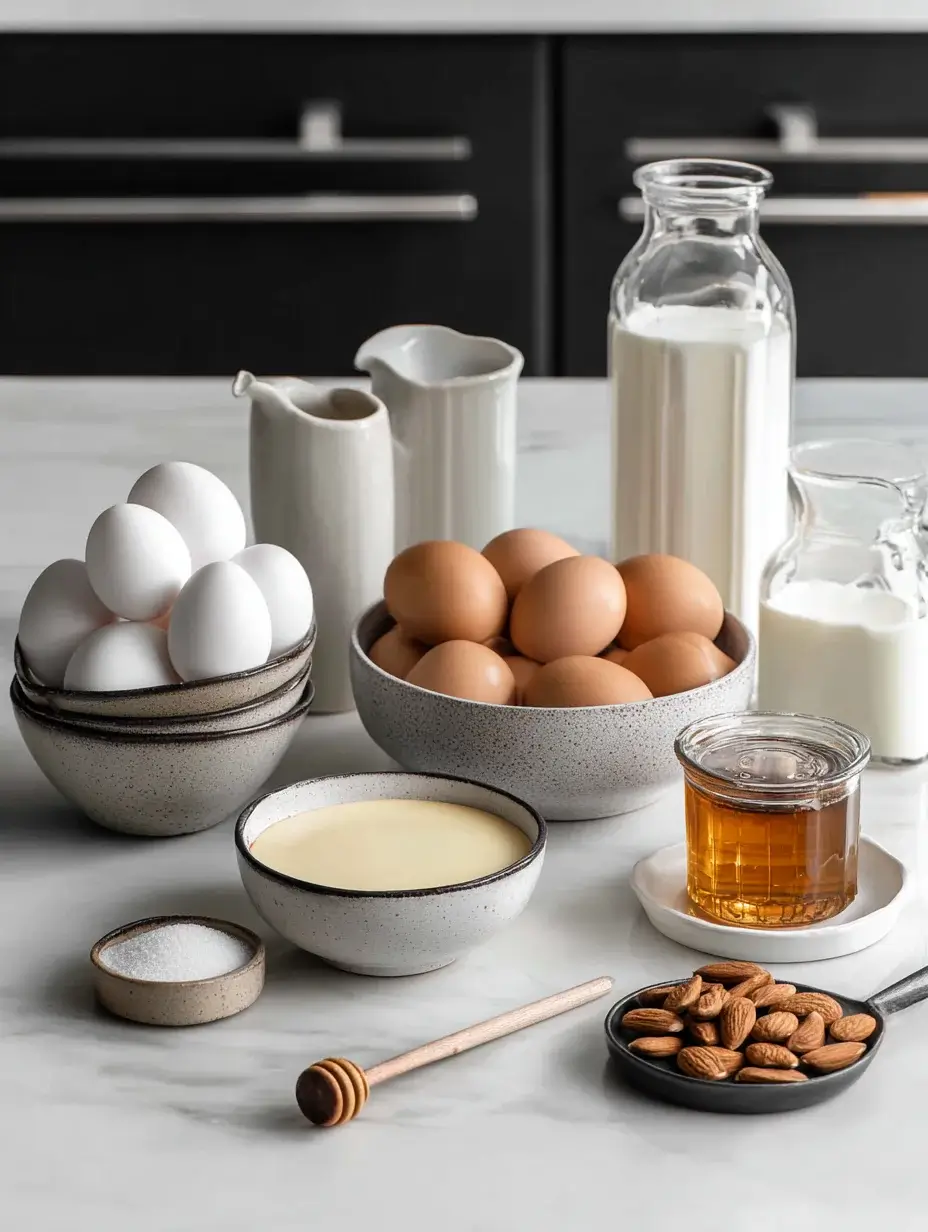 Honey flan ingredients arranged in bowls on marble countertop