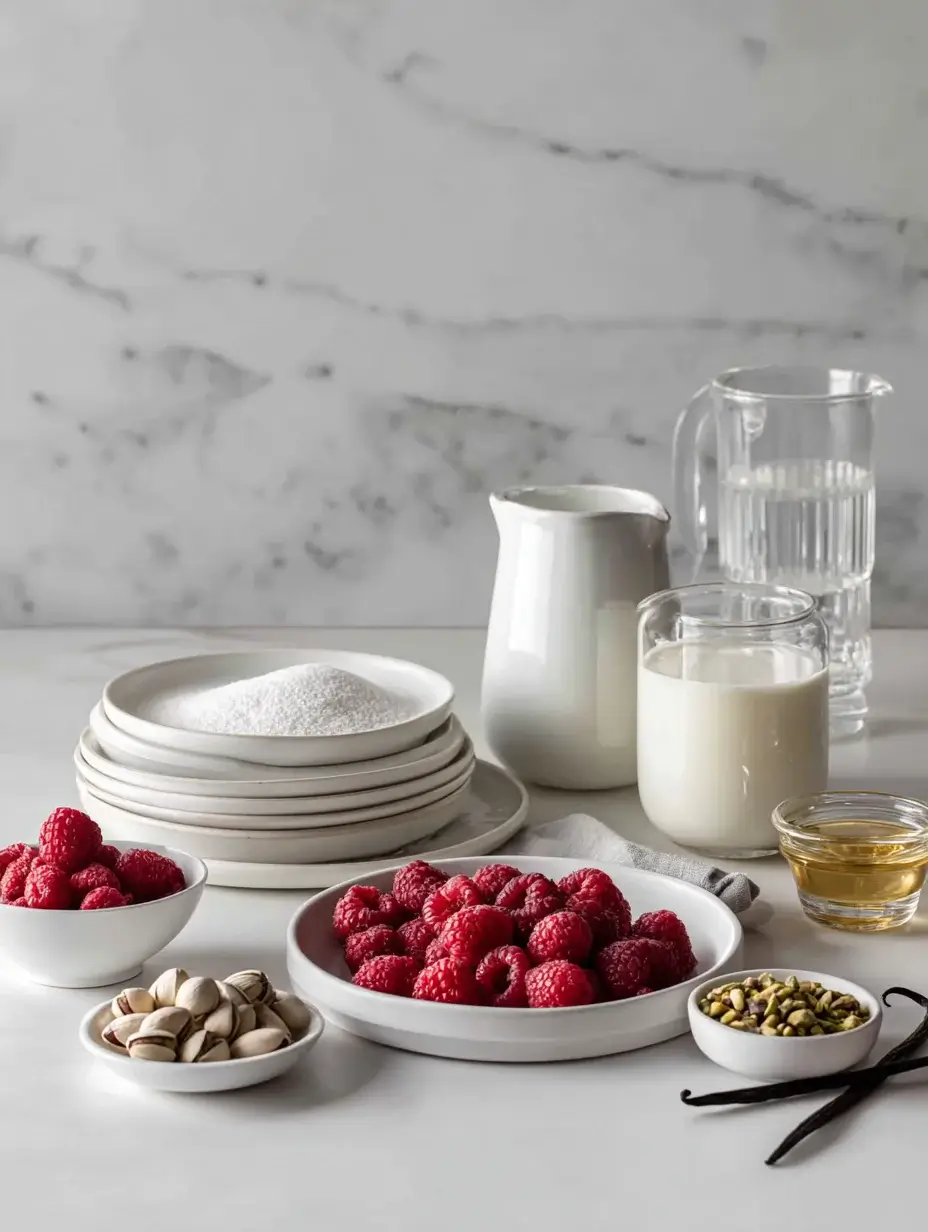 Ingredients for panna cotta simple arranged in white plates and bowls on marble countertop