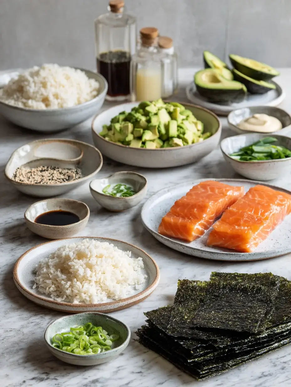 Ingredients for sushi bake salmon avocado arranged in bowls on marble countertop